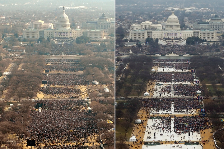 A side-by-sde comparison of Obam's 2009 inauguration and Trump's inauguration. (Getty Images/Emily Barnes; Reuters/Lucas Jackson)